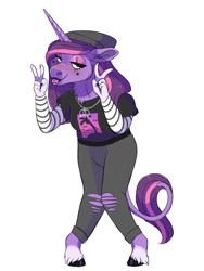 Size: 1500x2000 | Tagged: safe, artist:uunicornicc, oc, oc only, oc:pyxis, unicorn, anthro, unguligrade anthro, clothes, female, magical lesbian spawn, offspring, pants, parent:starlight glimmer, parent:twilight sparkle, parents:twistarlight, shirt, simple background, solo, white background