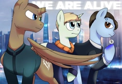 Size: 2900x2000 | Tagged: safe, artist:wolftendragon, oc, oc only, alicorn, android, earth pony, pony, robot, unicorn, anniversary, broken horn, connor, crossover, detroit: become human, fanart, female, group, high res, horn, male, rk800, side view, spread wings, trio, video game, wings