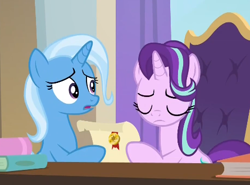 Size: 445x330 | Tagged: safe, screencap, starlight glimmer, trixie, g4, the ending of the end, cropped, duo, eyes closed, letter, scroll