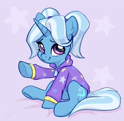 Size: 3365x3270 | Tagged: safe, artist:taneysha, trixie, pony, unicorn, babysitter trixie, clothes, cute, diatrixes, female, gameloft, gameloft interpretation, high res, hoodie, jacket, looking at you, mare, pigtails, ponytail, raised hoof, sitting, smiling, solo, twintails