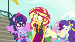 Size: 1920x1080 | Tagged: safe, screencap, fluttershy, rarity, sci-twi, sunset shimmer, twilight sparkle, cheer you on, equestria girls, g4, my little pony equestria girls: better together, female, sleeveless