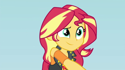 Size: 1920x1080 | Tagged: safe, screencap, sunset shimmer, cheer you on, equestria girls, g4, my little pony equestria girls: better together, clothes, cutie mark on clothes, eyebrows, female, grabbing, leather, leather vest, raised eyebrow, shoulderless shirt, smiling, solo, spikes, vest