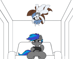 Size: 1576x1276 | Tagged: safe, artist:pencil bolt, oc, oc:billy blue, oc:soffies, earth pony, insect, moth, mothpony, original species, pony, comic:do not fear, animated, breakdancing, dancing, female, gif, male, upside down
