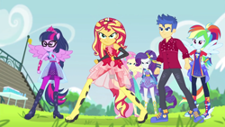 Size: 1920x1080 | Tagged: safe, screencap, flash sentry, fluttershy, rainbow dash, rarity, sci-twi, sunset shimmer, twilight sparkle, human, cheer you on, equestria girls, g4, my little pony equestria girls: better together, blue sneakers, converse, female, male, ponied up, shoes, sleeveless, super ponied up, wings