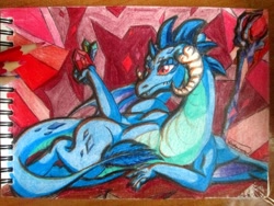 Size: 2160x1620 | Tagged: safe, artist:batrina, princess ember, dragon, g4, bloodstone scepter, colored pencil drawing, dragon lord ember, dragoness, female, gem, holding, lying down, on side, solo, staff, traditional art