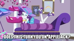 Size: 600x337 | Tagged: safe, edit, edited screencap, screencap, rarity, camping must-haves, equestria girls, g4, my little pony equestria girls: better together, caption, female, geode of shielding, image macro, implied lesbian, implied rarijack, implied shipping, magical geodes, memeful.com, solo, text