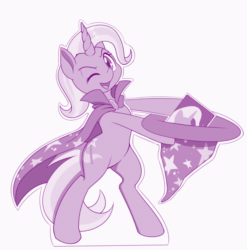 Size: 600x607 | Tagged: safe, artist:dstears, trixie, pony, unicorn, g4, animated, cape, cardboard cutout, clothes, cute, diatrixes, female, gif, hat, mare, monochrome, one eye closed, simple background, solo, the critic, trixie's cape, trixie's hat, white background, wink