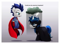 Size: 800x583 | Tagged: safe, artist:jhayarr23, oc, oc only, oc:sparky storm, oc:switch, pony, batman, clothes, cloud, cosplay, costume, female, male, mare, stallion, superman