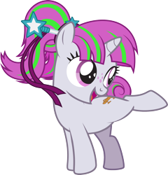 Size: 2168x2257 | Tagged: safe, alternate version, artist:lightning stripe, derpibooru exclusive, edit, oc, oc only, oc:zippi, pony, unicorn, accessory-less edit, active stretch, commission, cute, cutie mark, female, filly, foal, freckles, gymnastics, hair bun, hairband, hairpin, horn, missing accessory, one leg raised, pink eyes, pink mane, ponytail, ribbon, show accurate, simple background, smiling, solo, tail bun, transparent background, vector, wand, white coat