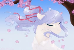 Size: 1920x1306 | Tagged: safe, artist:acry-artwork, oc, oc only, oc:alexis, earth pony, pony, bow, cherry blossoms, clothes, eyes closed, female, flower, flower blossom, mare, petals, solo, tree