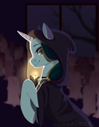 Size: 1092x1397 | Tagged: safe, artist:ijustmari, oc, oc only, oc:abigail blackwood, pony, unicorn, bust, candle, cloak, clothes, commission, female, solo, spooky, ych result