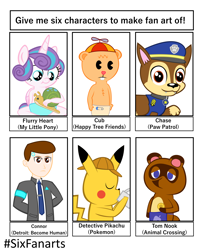 Size: 3000x3582 | Tagged: safe, artist:papadragon69, princess flurry heart, whammy, alicorn, human, pikachu, pony, raccoon, anthro, g4, animal crossing, anthro with ponies, chase (paw patrol), coffee mug, connor, crossover, cub (happy tree friends), cup, detective pikachu, detroit: become human, eyes closed, female, filly, happy tree friends, hat, high res, male, mug, pac-man eyes, paw patrol, pokémon, propeller hat, six fanarts, tom nook