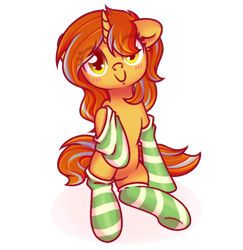 Size: 952x981 | Tagged: safe, artist:wavecipher, oc, oc only, oc:cinderheart, pony, unicorn, blushing, clothes, commission, cute, female, golden eyes, horn, mare, simple background, smiling, socks, solo, striped socks, transparent background, unicorn oc, weapons-grade cute, ych result