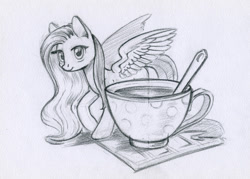 Size: 800x573 | Tagged: safe, artist:maytee, fluttershy, pegasus, pony, g4, cup, female, grayscale, looking at you, mare, micro, monochrome, pencil drawing, raised hoof, solo, spread wings, standing, teacup, traditional art, wings