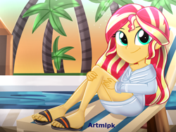 Size: 2048x1536 | Tagged: safe, artist:artmlpk, sunset shimmer, equestria girls, g4, adorable face, adorkable, alternate hairstyle, bathrobe, beautiful, clothes, cute, digital art, dork, feet, female, looking at you, palm tree, plant, robe, sandals, seat, shimmerbetes, sitting, smiling, smiling at you, solo, spa, sunset, swimming pool, tree, watermark