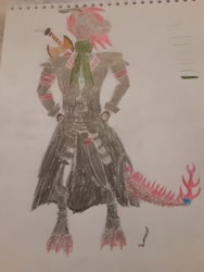 Size: 3264x2448 | Tagged: safe, artist:makarosc, oc, oc only, oc:scorch ember, dragon, fire pony, hybrid, longma, anthro, anthro oc, cigarette, clothes, high res, horns, solo, sword, traditional art, trenchcoat, weapon