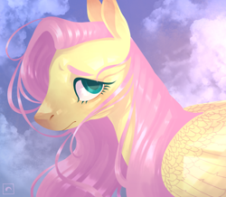 Size: 2020x1760 | Tagged: safe, artist:aymmei, fluttershy, pegasus, pony, g4, bust, female, looking at you, mare, portrait, sky, sky background, solo, stray strand, windswept mane, wings