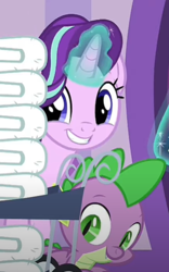 Size: 322x517 | Tagged: safe, screencap, spike, starlight glimmer, deep tissue memories, g4, my little pony: friendship is forever, cropped, duo, grin, magic, ponyville spa, smiling