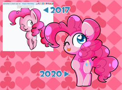 Size: 2560x1892 | Tagged: safe, artist:sugar morning, pinkie pie, earth pony, pony, g4, ;p, comparison, cute, heart eyes, mlem, one eye closed, redraw, silly, tongue out, wingding eyes, wink