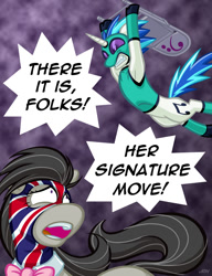 Size: 720x937 | Tagged: safe, artist:texasuberalles, dj pon-3, octavia melody, vinyl scratch, earth pony, pony, unicorn, g4, armpits, bass clef, bowtie, chair, duo, falling, female, folding chair, hoof hold, jumping, looking back, lucha libre, luchador, mare, mask, open mouth, speech bubble, sports, this will end in pain, wrestling
