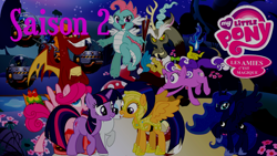 Size: 1920x1080 | Tagged: safe, artist:rose80149, discord, garble, nightmare moon, princess luna, rarity, surprise, twilight sparkle, oc, oc:blitz, oc:burst, oc:dim sum, oc:topsy turvy, earth pony, pegasus, pony, unicorn, g4, blitz, burst, french, logo, lovey blubby, mushroom, popping, royal guard, shadowbolts