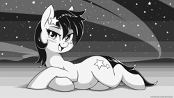 Size: 1280x720 | Tagged: safe, artist:shydale, seven seas, star dancer, earth pony, pony, g4, my little pony: the manga, bedroom eyes, belly, belly button, blushing, cute, draw me like one of your french girls, female, looking at you, mare, monochrome, open mouth, prone, solo, stars