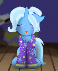 Size: 600x736 | Tagged: safe, artist:bastbrushie, part of a set, trixie, pony, unicorn, :p, animated, babysitter trixie, bastbrushie is trying to kill us, blushing, chest fluff, clothes, cute, daaaaaaaaaaaw, diatrixes, eyes closed, female, fluffy, front view, full face view, gameloft, gameloft interpretation, gif, ground, happy, mare, pigtails, silly, silly pony, sitting, solo, sweat, sweater, tail, text, tongue out, twintails, wood