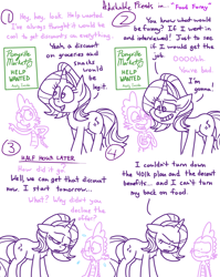 Size: 4779x6013 | Tagged: safe, artist:adorkabletwilightandfriends, spike, starlight glimmer, dragon, pony, unicorn, comic:adorkable twilight and friends, g4, adorkable, adorkable friends, comic, cute, disappointment, dork, friendship, getting a job, grocery store, help wanted, humor, job, joke, joking, looking down, nose wrinkle, nostril flare, nostrils, one upping, outsmarted, scrunchy face, sign, snout, sweat, tricked