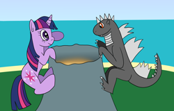 Size: 1600x1024 | Tagged: safe, artist:platinumdrop, twilight sparkle, oc, oc:godzilla, kaiju, pony, unicorn, g4, climbing, giant pony, giant twilight sparkle, godzilla, godzilla (series), macro, request, unicorn twilight, volcano