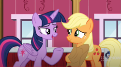 Size: 787x437 | Tagged: safe, screencap, applejack, twilight sparkle, alicorn, earth pony, pony, g4, harvesting memories, my little pony: friendship is forever, duo, twilight sparkle (alicorn)