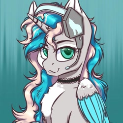 Size: 1023x1022 | Tagged: safe, alternate version, artist:gittykitty264, oc, oc only, alicorn, pony, abstract background, alicorn oc, chest fluff, choker, clothes, headset, horn, raised hoof, signature, solo, wings