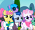 Size: 708x602 | Tagged: safe, screencap, carbon fizz, ever essence, hush slush, minty mocha, raspberry latte, earth pony, pony, unicorn, g4, my little pony: friendship is magic, the parent map, background pony, clothes, cropped, female, glasses, grin, male, mare, raised hoof, smiling, stallion