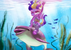 Size: 4096x2867 | Tagged: safe, artist:irinamar, princess cadance, alicorn, dolphin, fish, anthro, unguligrade anthro, g4, armpits, clothes, eyes closed, female, filly, foal, frog (hoof), pegasus cadance, riding, seaweed, swimsuit, underhoof, underwater, younger