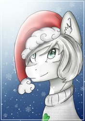 Size: 1039x1476 | Tagged: safe, artist:irinamar, oc, oc only, earth pony, pony, bust, christmas, clothes, ear fluff, earth pony oc, hat, holiday, santa hat, smiling, snow, solo