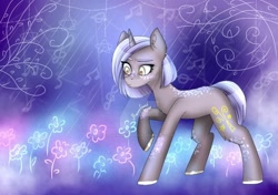 Size: 1280x902 | Tagged: safe, artist:irinamar, oc, oc only, pony, unicorn, abstract background, colored hooves, deviantart watermark, flower, horn, obtrusive watermark, raised hoof, solo, unicorn oc, watermark