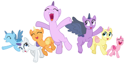 Size: 3000x1487 | Tagged: safe, artist:pegasski, oc, oc only, alicorn, pony, unicorn, g4, the cutie re-mark, alicorn oc, bald, base, eyes closed, female, group, horn, jumping, mare, open mouth, raised hoof, simple background, transparent background, underhoof, unicorn oc, uvula, wings