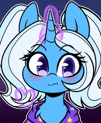 Size: 1690x2048 | Tagged: safe, artist:sakukitty, trixie, pony, unicorn, :t, babysitter trixie, blushing, bust, chest fluff, clothes, cute, diatrixes, female, gameloft interpretation, heart, hoodie, magic, mare, outline, pigtails, portrait, solo, white outline