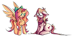 Size: 5951x3136 | Tagged: safe, artist:coco-drillo, oc, oc only, oc:cocodrillo, oc:suntouched coco (cocodrillo tinkerswitch), earth pony, pegasus, pony, bow, chest fluff, clothes, damaged wings, determined, ear fluff, floppy ears, freckles, glasses, long mane, messy mane, scar, scarf, simple background, sitting, stitches, transparent background