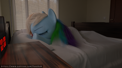 Size: 3840x2160 | Tagged: safe, artist:fury nether, rainbow dash, pegasus, pony, g4, 3d, bed, bedroom, door, female, fur, hair, high res, patreon, sleeping, solo