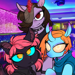 Size: 1300x1300 | Tagged: safe, alternate version, artist:cursed-saphire-hart, bat pony, changedling, changeling, pony, unicorn, bat ponified, bat wings, bust, changedlingified, clothes, collar, curved horn, eddsworld, female, glowing horn, hair over one eye, horn, mare, ponified, race swap, selfie, smiling, species swap, wings