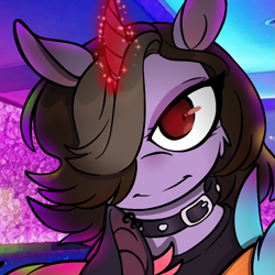 Size: 637x637 | Tagged: safe, alternate version, artist:cursed-saphire-hart, pony, bust, clothes, collar, cropped, eddsworld, female, glowing horn, hair over one eye, horn, mare, ponified, selfie, smiling