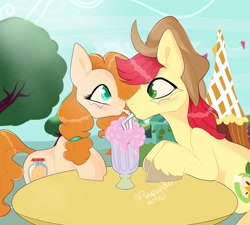 Size: 2048x1840 | Tagged: safe, artist:pineappleartz, bright mac, pear butter, earth pony, pony, g4, the perfect pear, female, glass, male, milkshake, scene interpretation, sharing a drink, ship:brightbutter, shipping, straight, straw, table, tent, tree