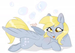 Size: 2048x1470 | Tagged: safe, artist:pineappleartz, derpy hooves, pegasus, pony, g4, bubble, female, simple background, solo, white background
