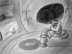 Size: 600x450 | Tagged: safe, artist:ahorseofcourse, twilight sparkle, pony, unicorn, g4, bed, black and white, book, candle, female, golden oaks library, grayscale, mare, monochrome, prone, solo, unicorn twilight