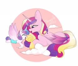 Size: 2048x1728 | Tagged: safe, artist:pineappleartz, princess cadance, princess flurry heart, alicorn, pony, g4, baby, baby pony, cloud, cute, cutedance, diaper, duo, duo female, female, filly, flurrybetes, flying, mare, mother and child, mother and daughter, open mouth, profile