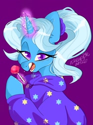 Size: 1533x2048 | Tagged: safe, artist:pineappleartz, trixie, pony, unicorn, g4, babysitter trixie, candy, clothes, female, food, hoodie, lollipop, pigtails, solo, twintails