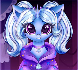 Size: 3000x2712 | Tagged: safe, artist:mite-lime, trixie, pony, unicorn, g4, babysitter trixie, bust, cheek fluff, choker, clothes, cute, diatrixes, ear fluff, female, gameloft interpretation, high res, hoodie, looking at you, mare, pigtails, smiling, solo, twintails