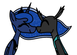 Size: 1316x940 | Tagged: safe, artist:rainbowbacon, princess luna, oc, oc:steel crescent, alicorn, changeling, pony, g4, canon x oc, changeling oc, duo, eyes closed, female, happy, love, male, nuzzling, shipping, simple background, smiling, straight, transparent background