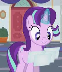 Size: 388x450 | Tagged: safe, artist:agrol, starlight glimmer, pony, unicorn, derpibooru, headmare of the school, g4, :i, animated, confused, female, forced juxtaposition, frown, gif, implied trixie, juxtaposition, juxtaposition win, levitation, magic, magic aura, mare, meme, meta, photo, school of friendship, smiling, telekinesis, youtube link