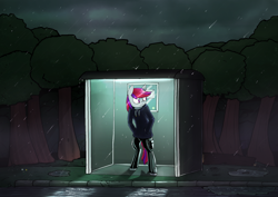 Size: 7016x4961 | Tagged: safe, artist:tenenbris, oc, oc only, semi-anthro, bus stop, clothes, forest, latex, pants, parka, rain, road, solo